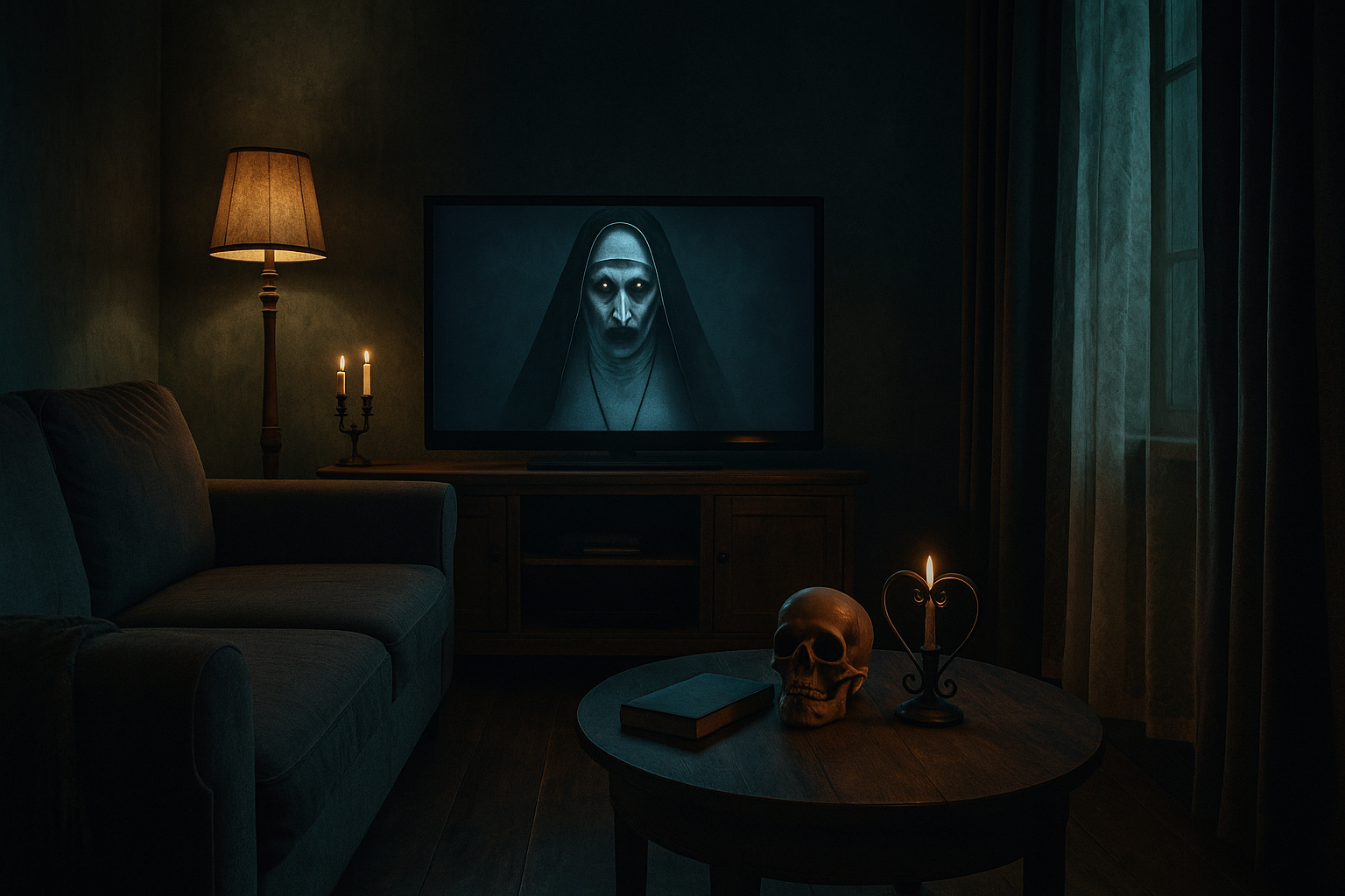 Schauriges Wohnzimmer mit Fernseher und düsterer Atmosphäre - es läuft der Film Unzertrennlich