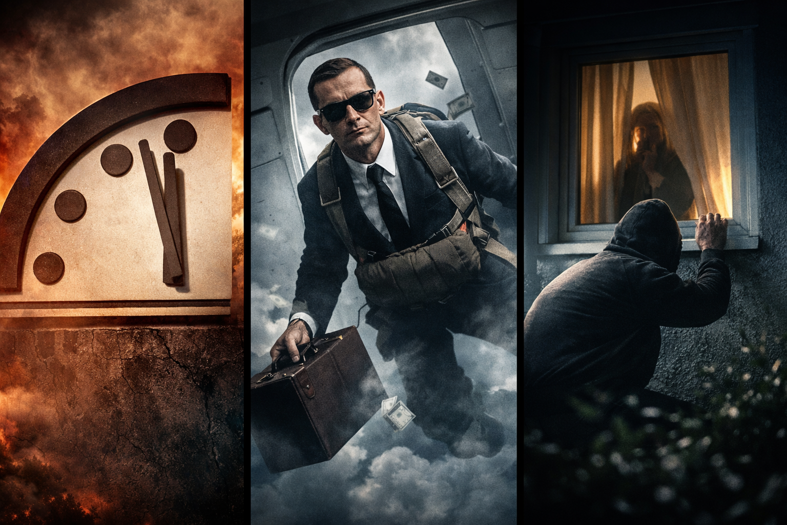 Dreigeteiltes Bild mit Weltuntergangsuhr kurz vor Mitternacht, dem legendären Flugzeugentführer DB Cooper beim Fallschirmsprung und einer unheimlichen Gestalt, die nachts an ein Fenster klopft.