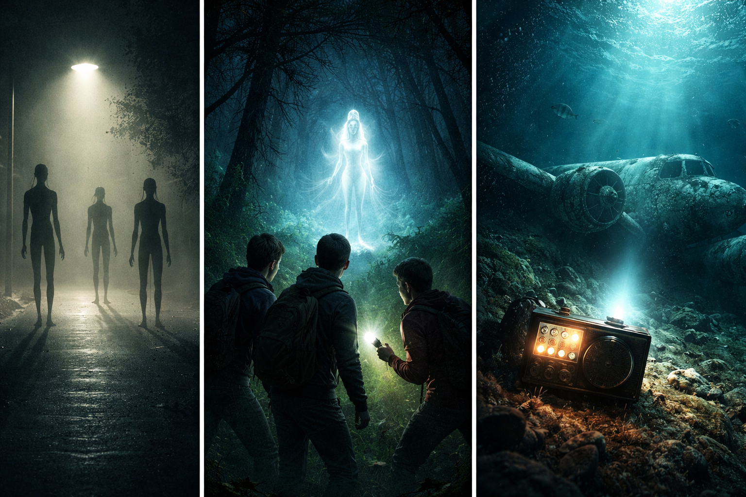 Mystery-News: Dreigeteiltes Mystery-Bild mit Schattenwesen unter einer Straßenlaterne, einer leuchtenden Gestalt im Wald und einem versunkenen Flugzeug mit Funkgerät.