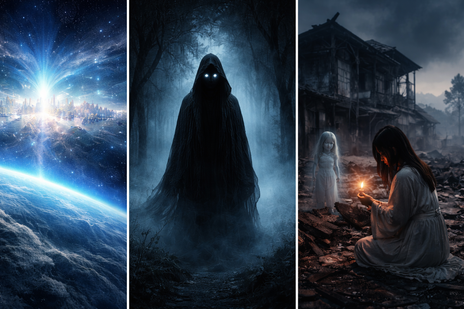 Jenseits des Universums wurde möglicherweise das Paradies gefunden, dunkle Kapuzengestalt mit leuchtenden Augen im Wald, geisterhafte Szene nach der Japan-Katastrophe mit Kerze und Erscheinung.