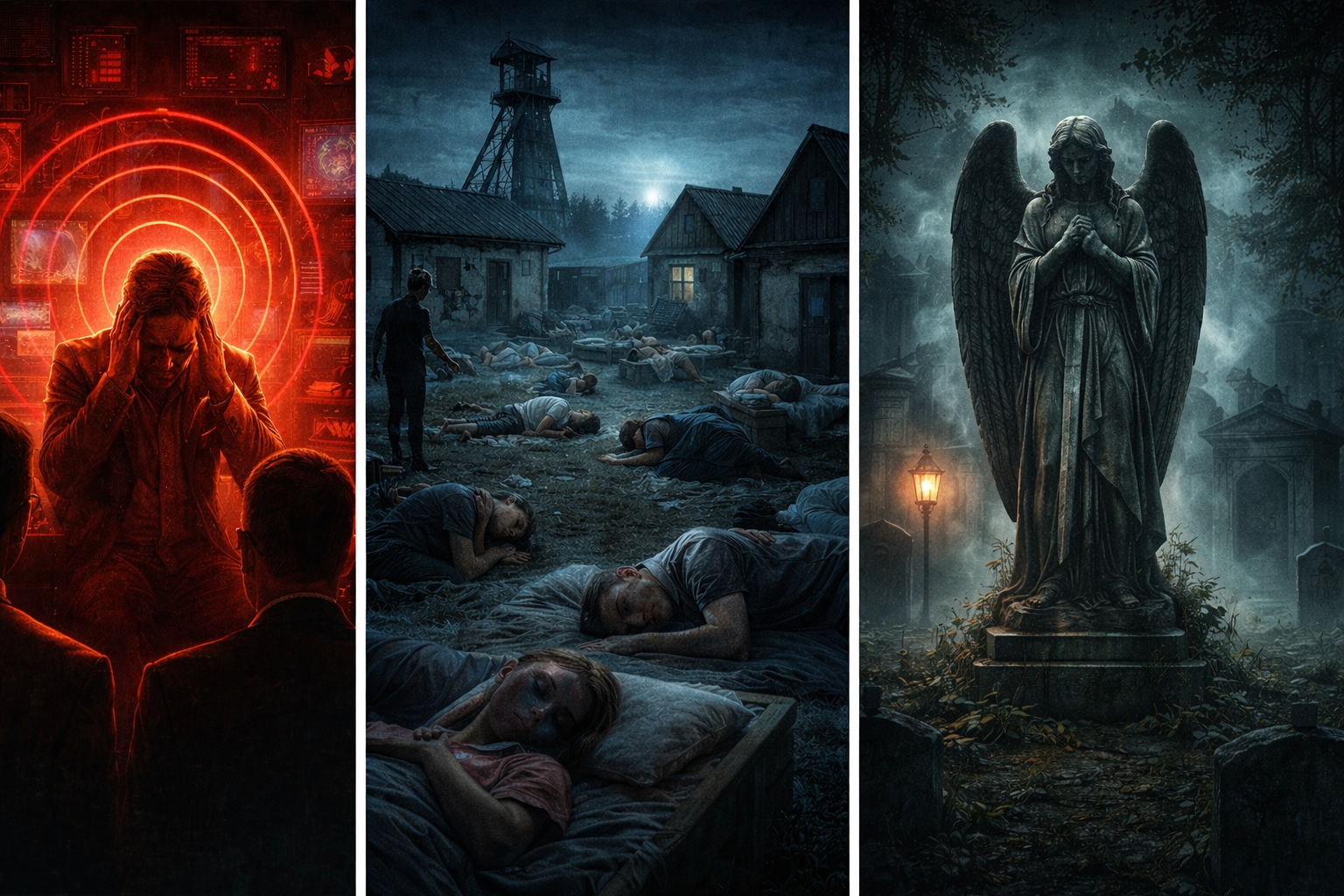 Dreigeteiltes Mystery-Bild mit Havanna-Syndrom, schlafenden Dorfbewohnern in Kalachi und einer unheimlichen Engelsstatue auf einem Friedhof.