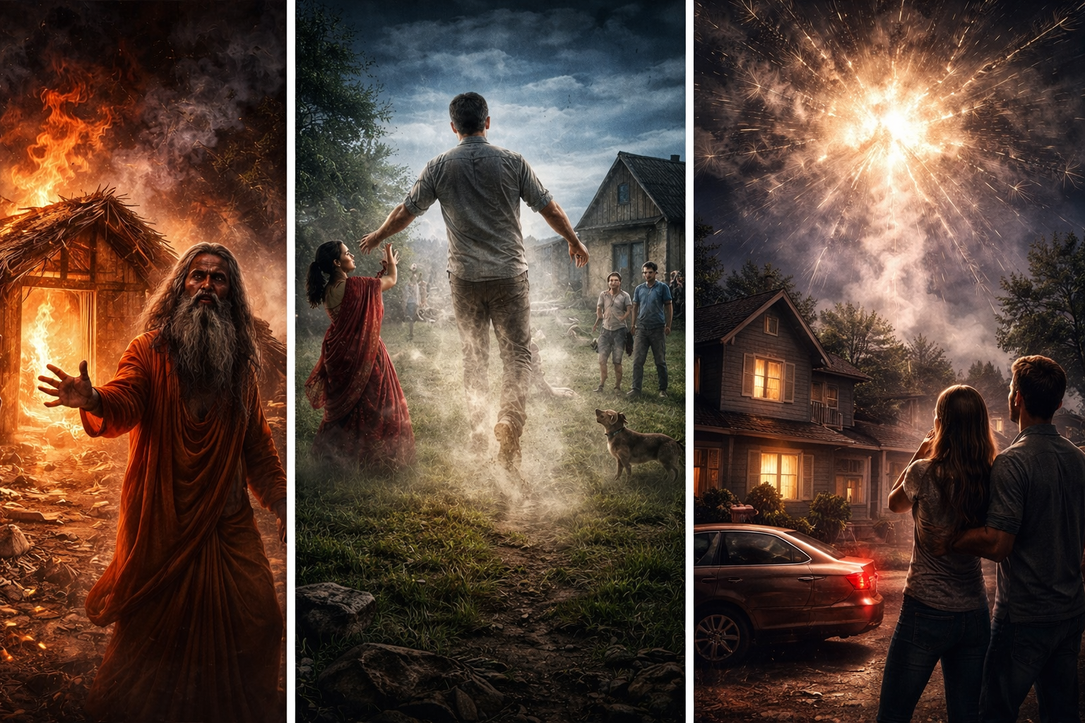 Feuer-Fluch in Indien, Mann verschwindet auf einem Feld, nächtliche Explosion über einer Vorstadtsiedlung.