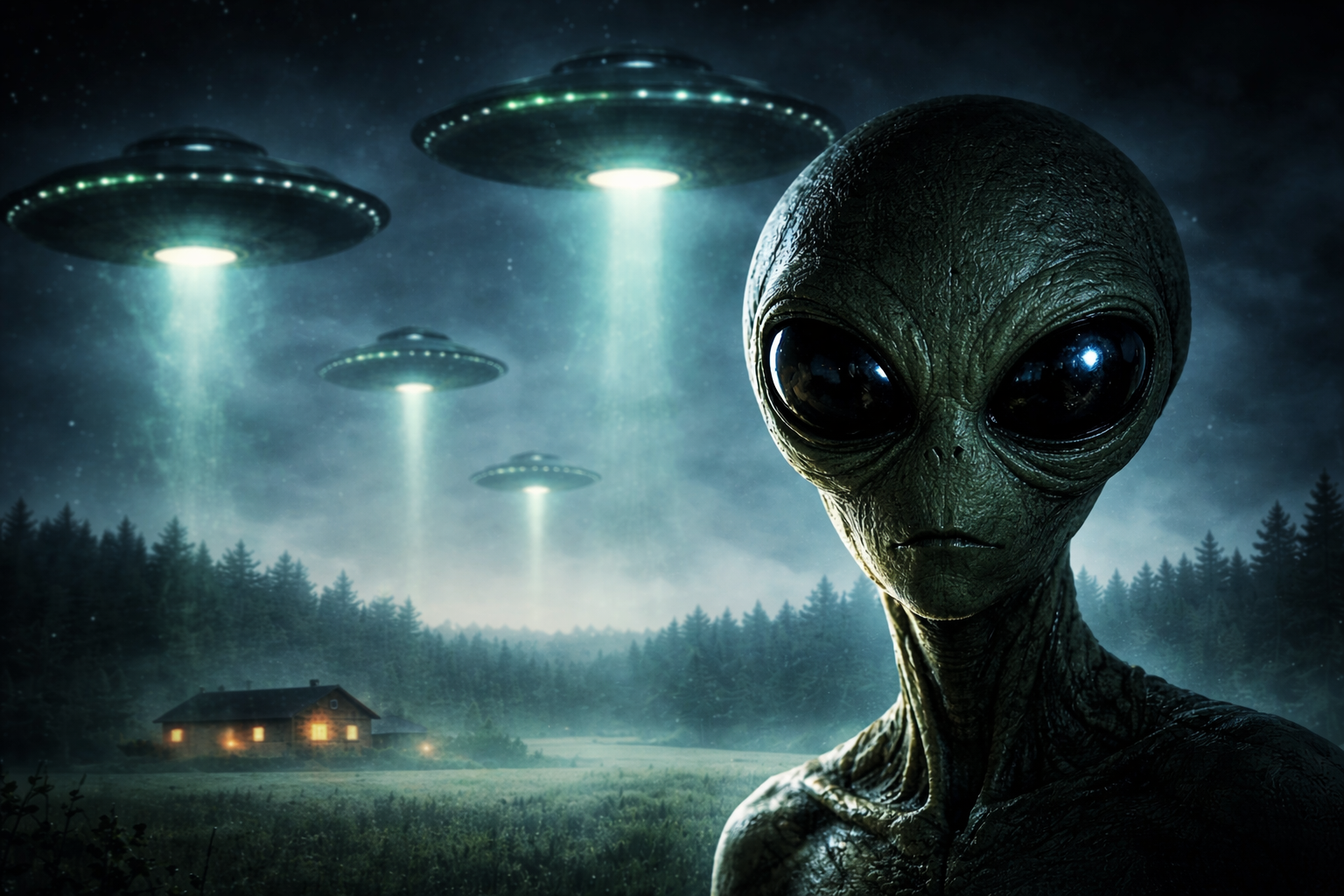 UFO-News: Grauer Alienkopf vor nächtlicher Landschaft, mehrere UFOs schweben mit Lichtstrahlen über Wald und Haus