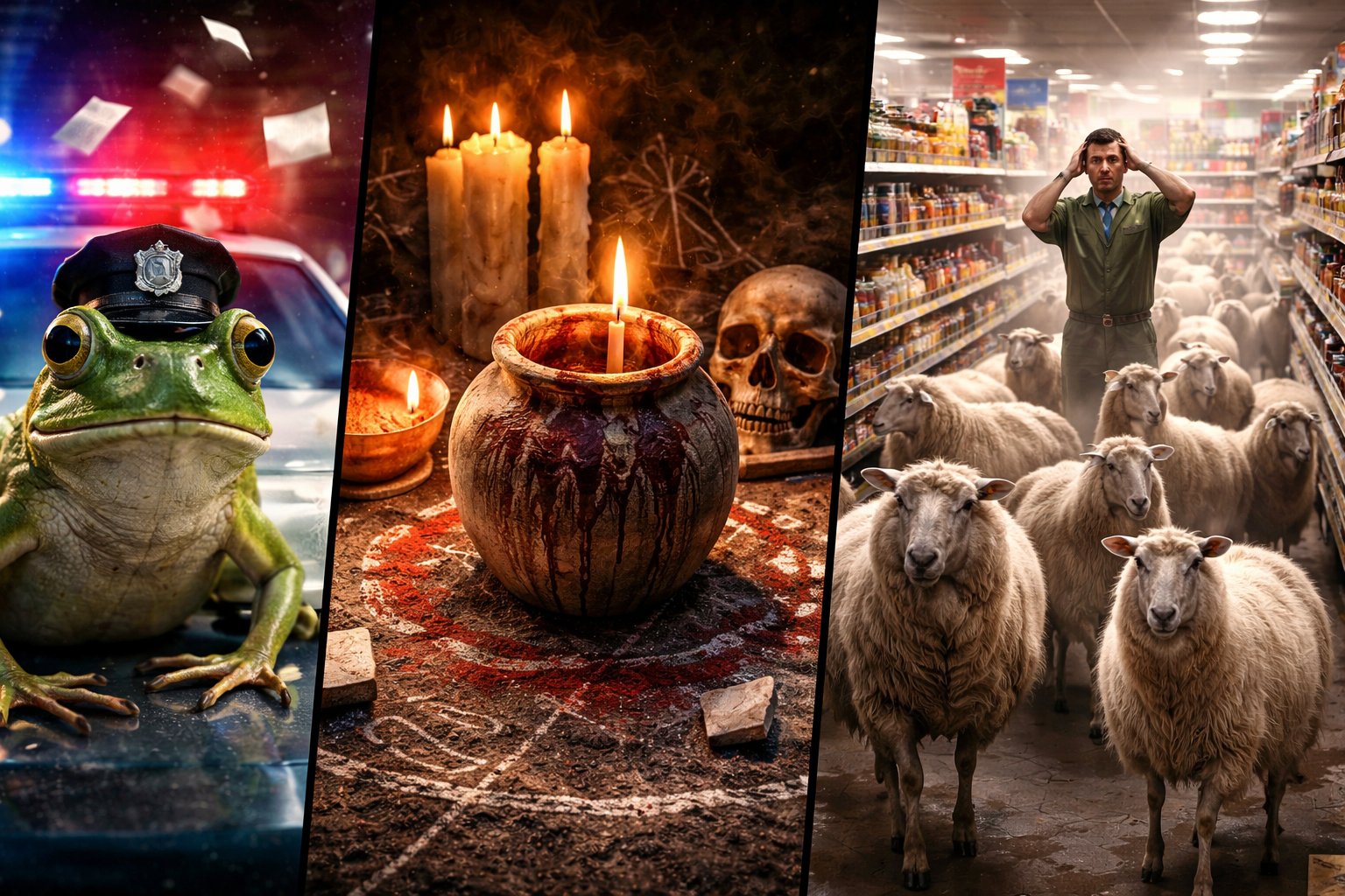 Bizarre News: Dreigeteiltes Bild mit Frosch im Polizeihut, unheimlichem Ritualtopf und Schafen in einem Supermarkt