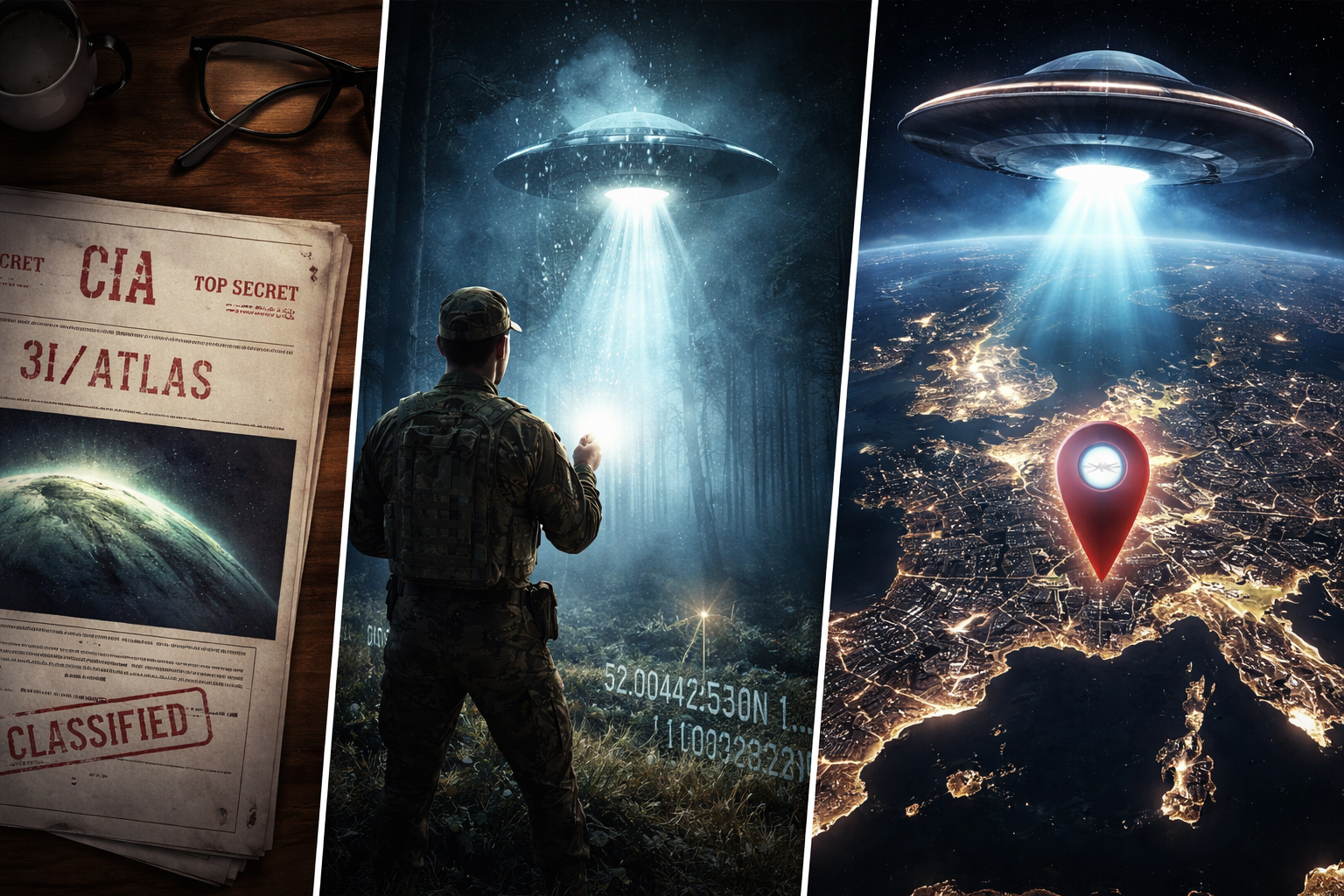 UFO-Meldungen mit Soldaten im Wald, CIA-Geheimakten und fliegender Untertasse über Europa
