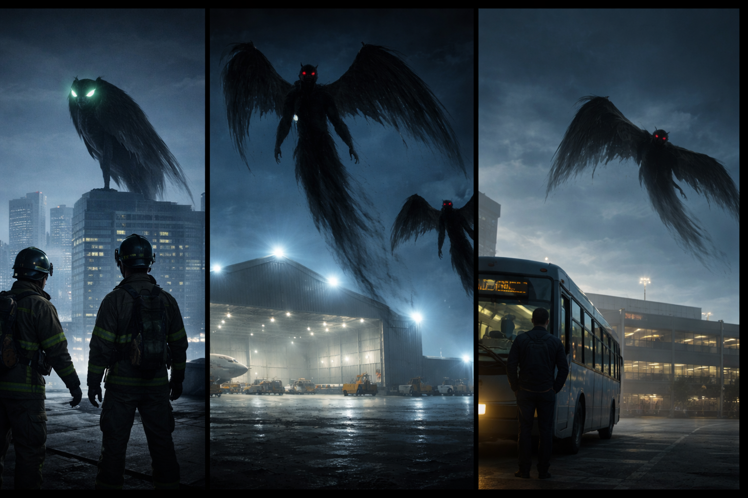 3 geflügelte Wesen fliegen nachts über einem Flughafen und einer Großstadt im Mittleren Westen der USA.