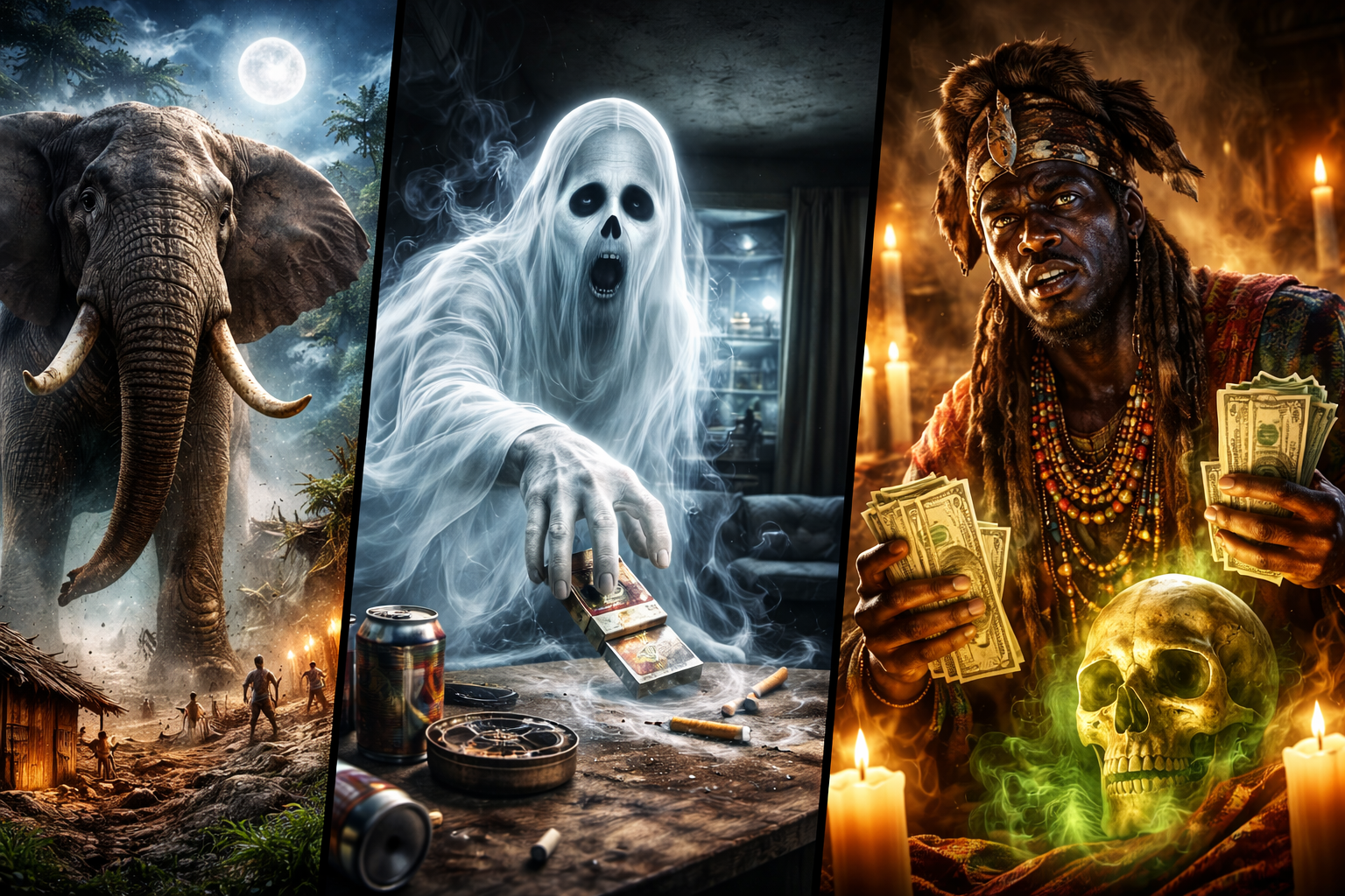 Killer-Elefant, rauchender Geist und Schamane
